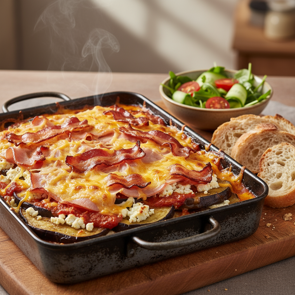 Μελιτζάνες Σαγανάκι με Πικάντικα Τυριά και&nbsp;Μπέικον