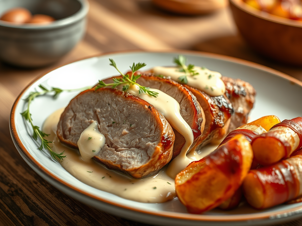 Χοιρινό με μαγιονέζα και πατάτες τυλιγμένες με&nbsp;μπέικον!