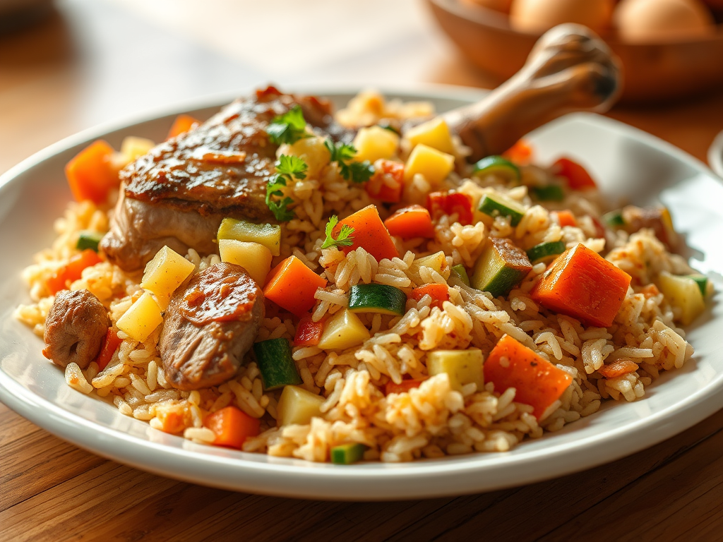 Ρύζι φούρνου με λαχανικά και χοιρινό&nbsp;μπούτι